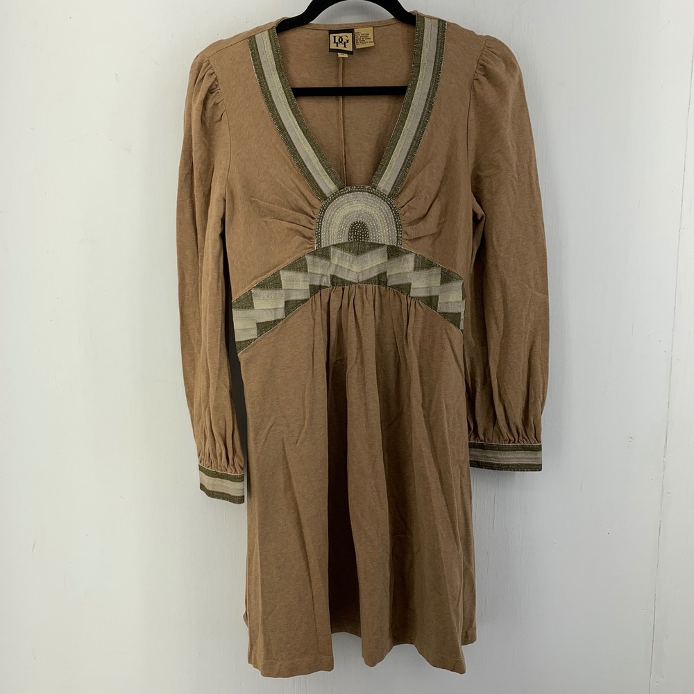 DGH Womens Medium Boho Beaded V-Neck Long Sleeve Empire Waist Dress Retro Boho